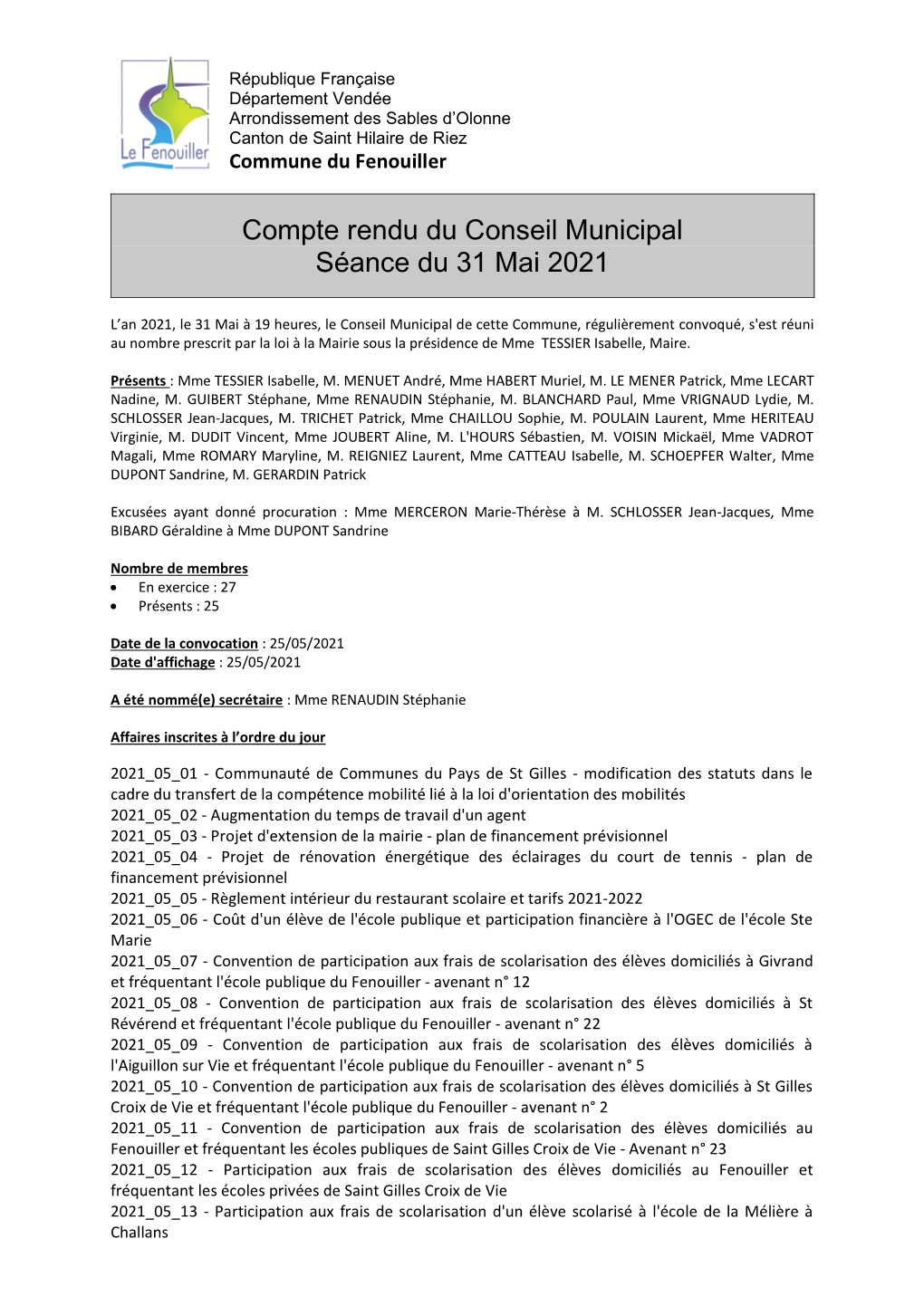 Compte Rendu Du Conseil Municipal Séance Du 31 Mai 2021