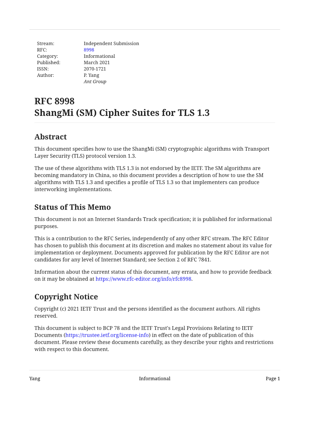 RFC 8998: Shangmi (SM) Cipher Suites for TLS