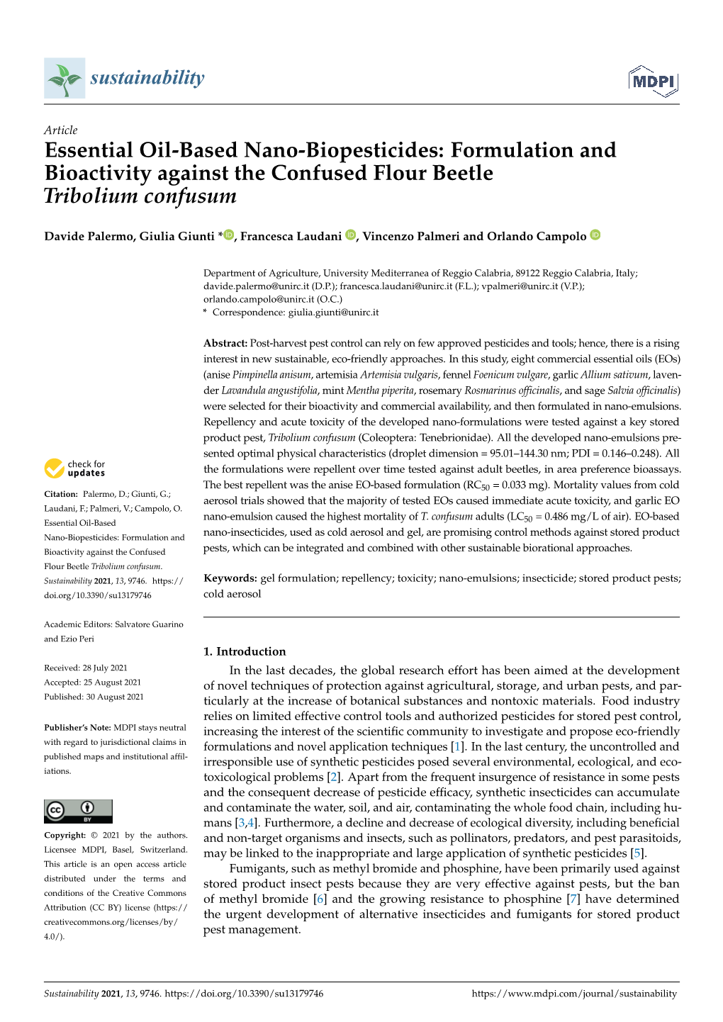 Essential Oil-Based Nano-Biopesticides: Formulation and Bioactivity Against the Confused Flour Beetle Tribolium Confusum