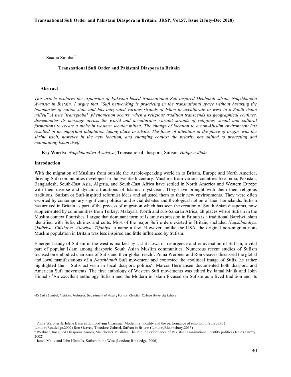 Transnational Sufi Order and Pakistani Diaspora in Britain: JRSP, Vol.57, Issue 2(July-Dec 2020)