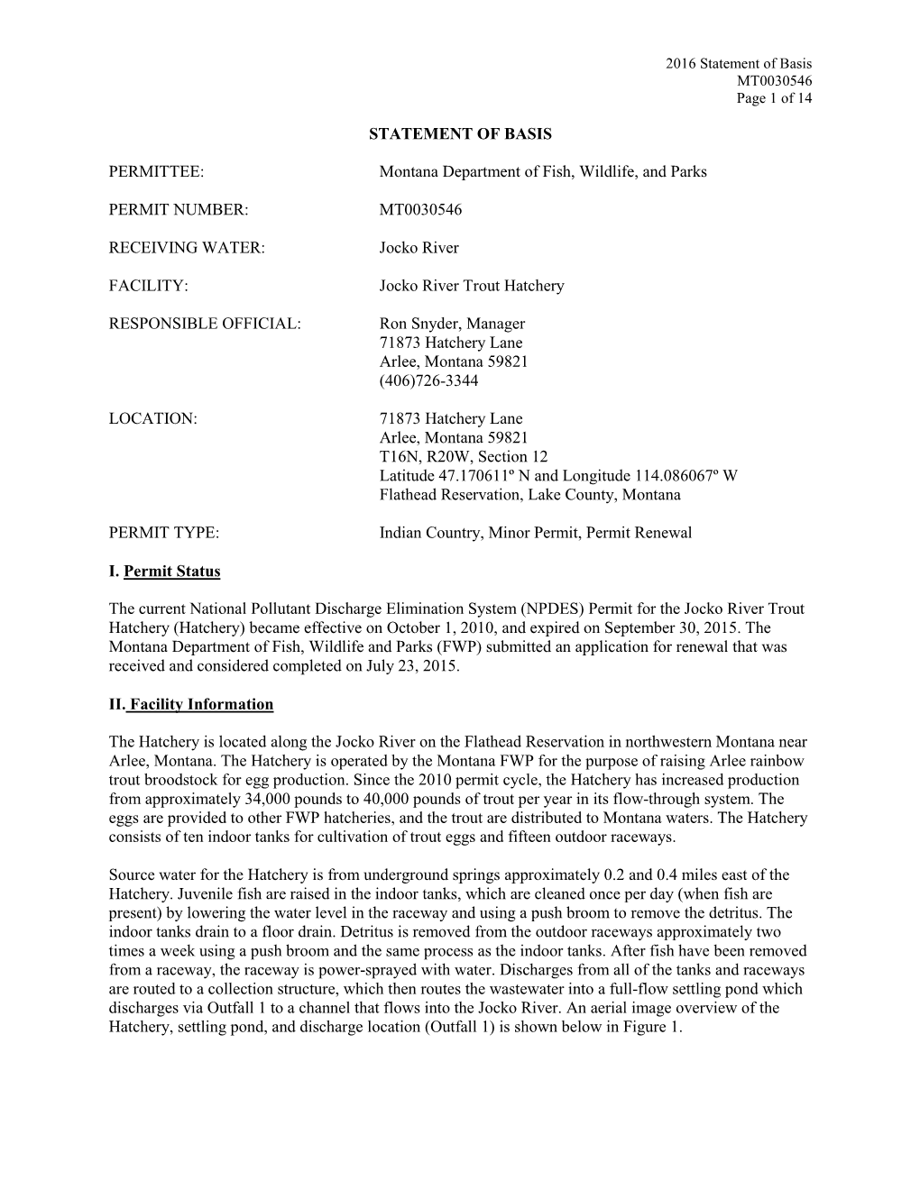 MT-0030546 Jocko River Trout Hatchery Final NPDES Statement of Basis