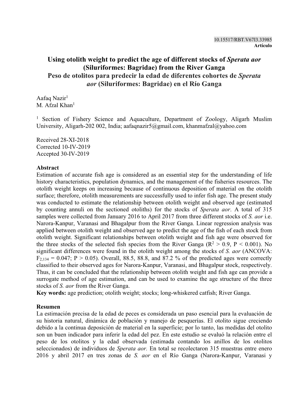 Using Otolith Weight to Predict the Age of Different Stocks of Sperata