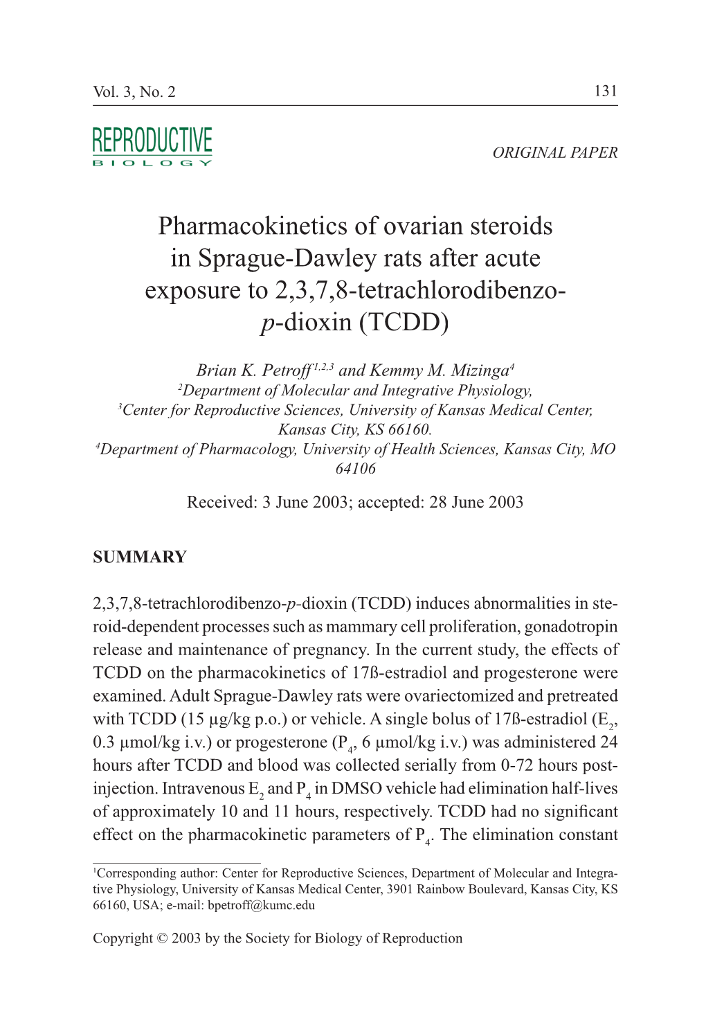 Pharmacokinetics of Ovarian Steroids in Sprague-Dawley Rats After Acute Exposure to 2,3,7,8-Tetrachlorodibenzo- P-Dioxin (TCDD)