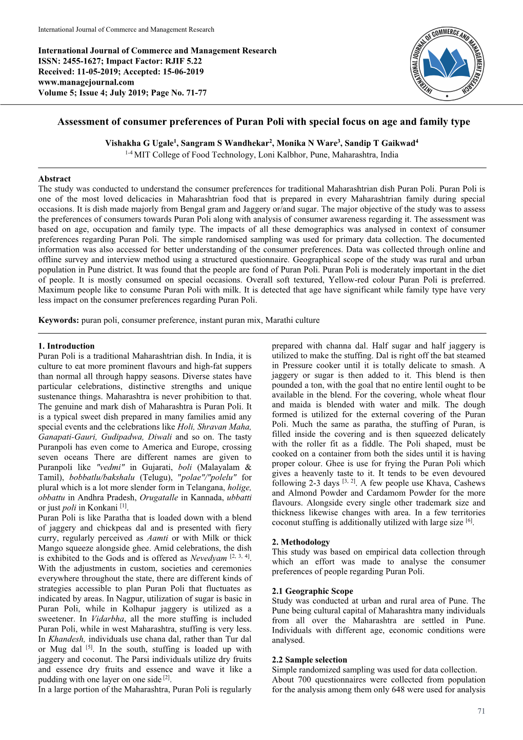 Assessment of Consumer Preferences of Puran Poli with Special Focus on Age and Family Type