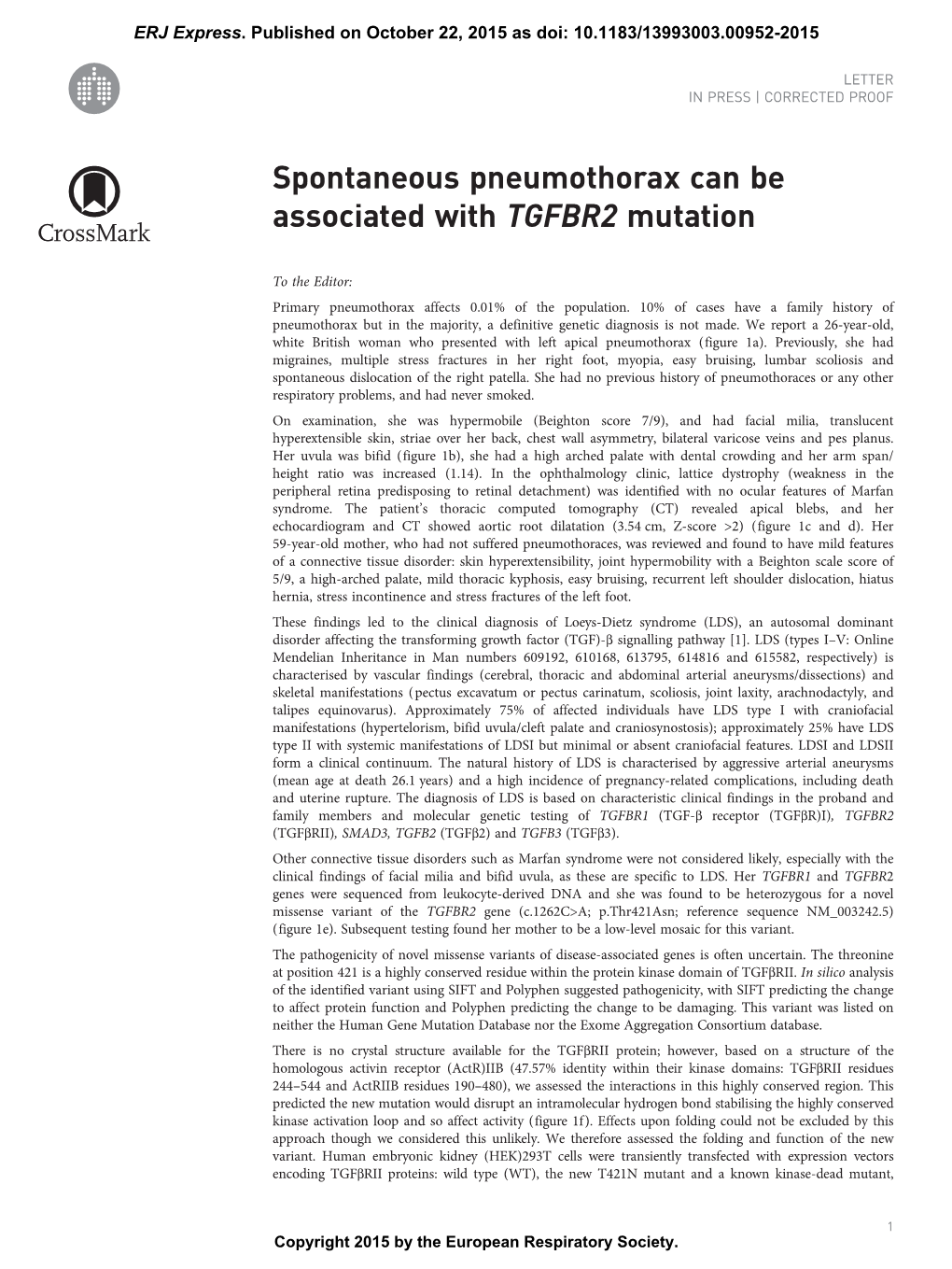 Spontaneous Pneumothorax Can Be Associated with TGFBR2 Mutation