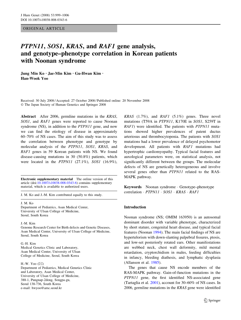 PTPN11, SOS1, KRAS, and RAF1 Gene Analysis, and Genotype–Phenotype Correlation in Korean Patients with Noonan Syndrome