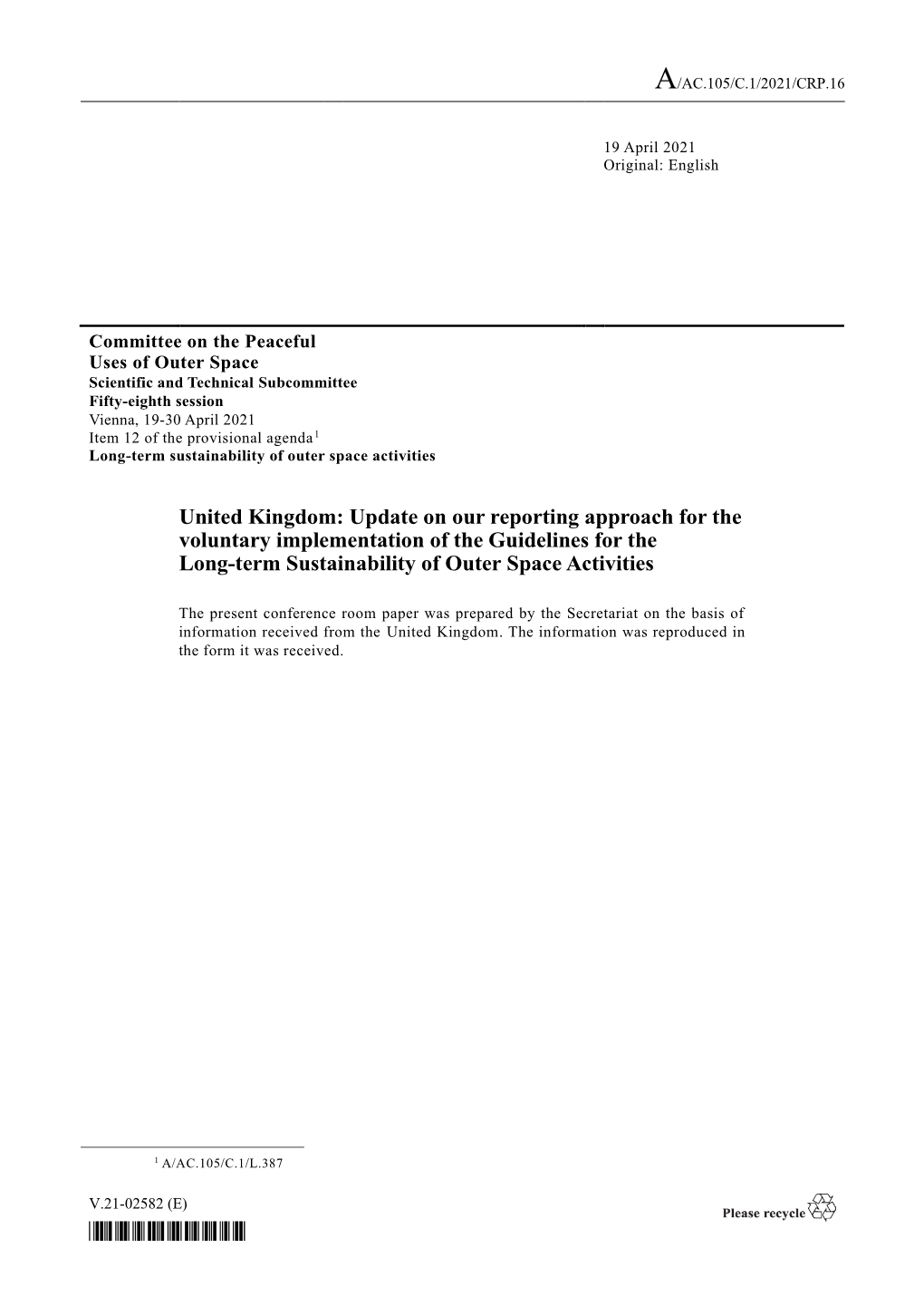 United Kingdom: Update on Our Reporting Approach for the Voluntary Implementation of the Guidelines for the Long-Term Sustainability of Outer Space Activities