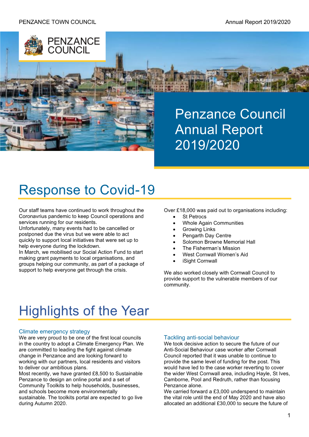 Response to Covid-19 Highlights of the Year Penzance Council Annual