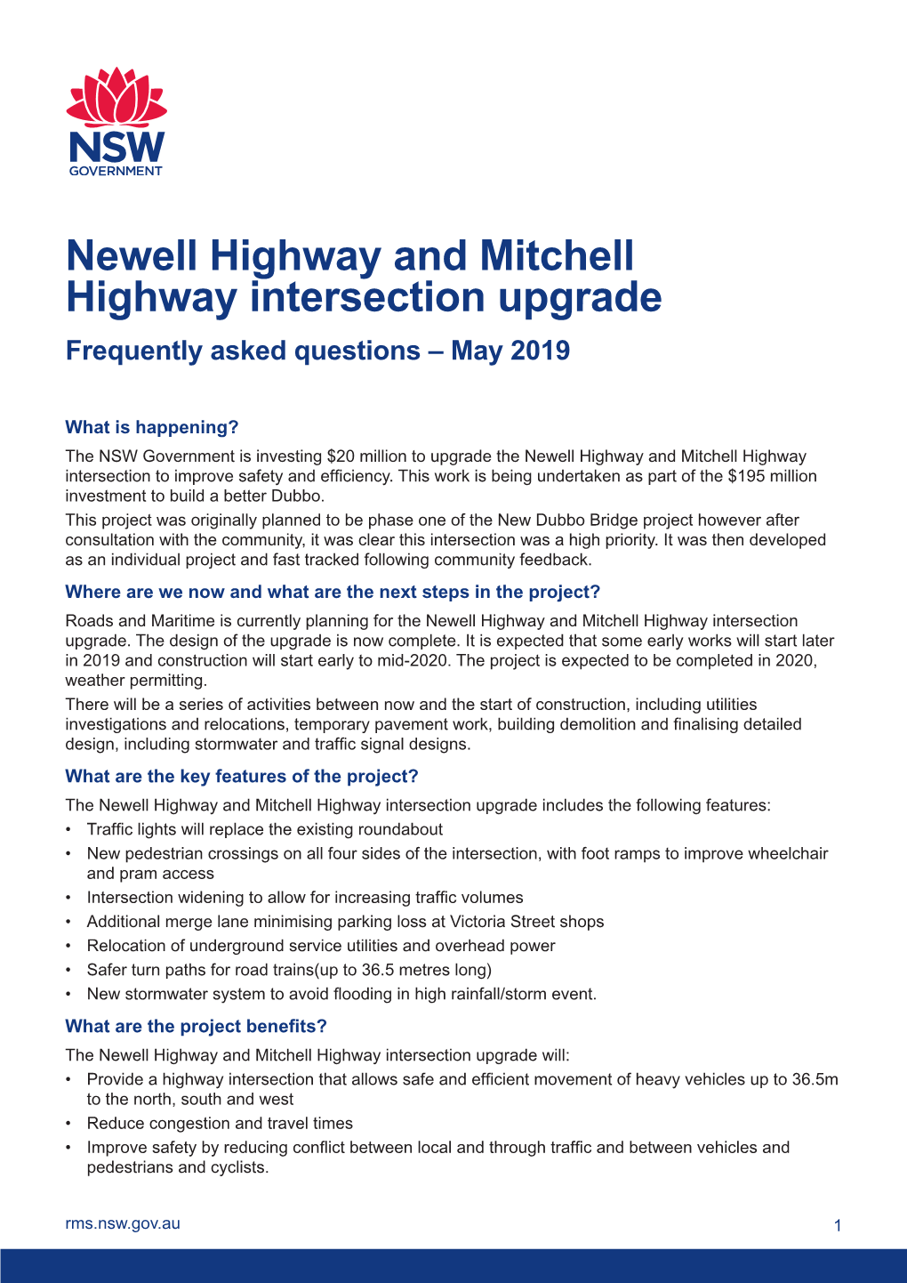 Newell Highway and Mitchell Highway Intersection Upgrade Frequently Asked Questions – May 2019