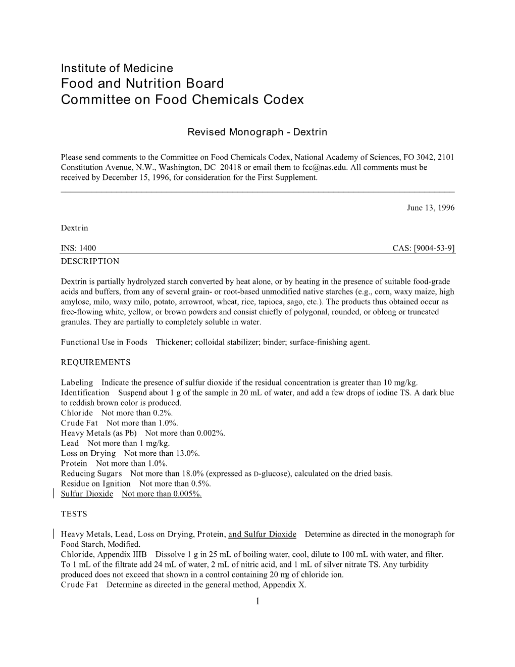 Food and Nutrition Board Committee on Food Chemicals Codex