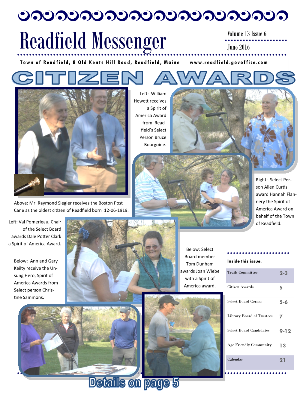 Issue 6 Readfield Messenger June 2016 Town of Readfield, 8 Old Kents Hill Road, Readfield, Maine