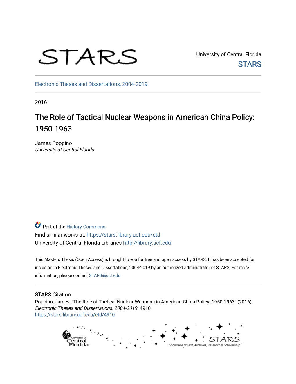 The Role of Tactical Nuclear Weapons in American China Policy: 1950-1963