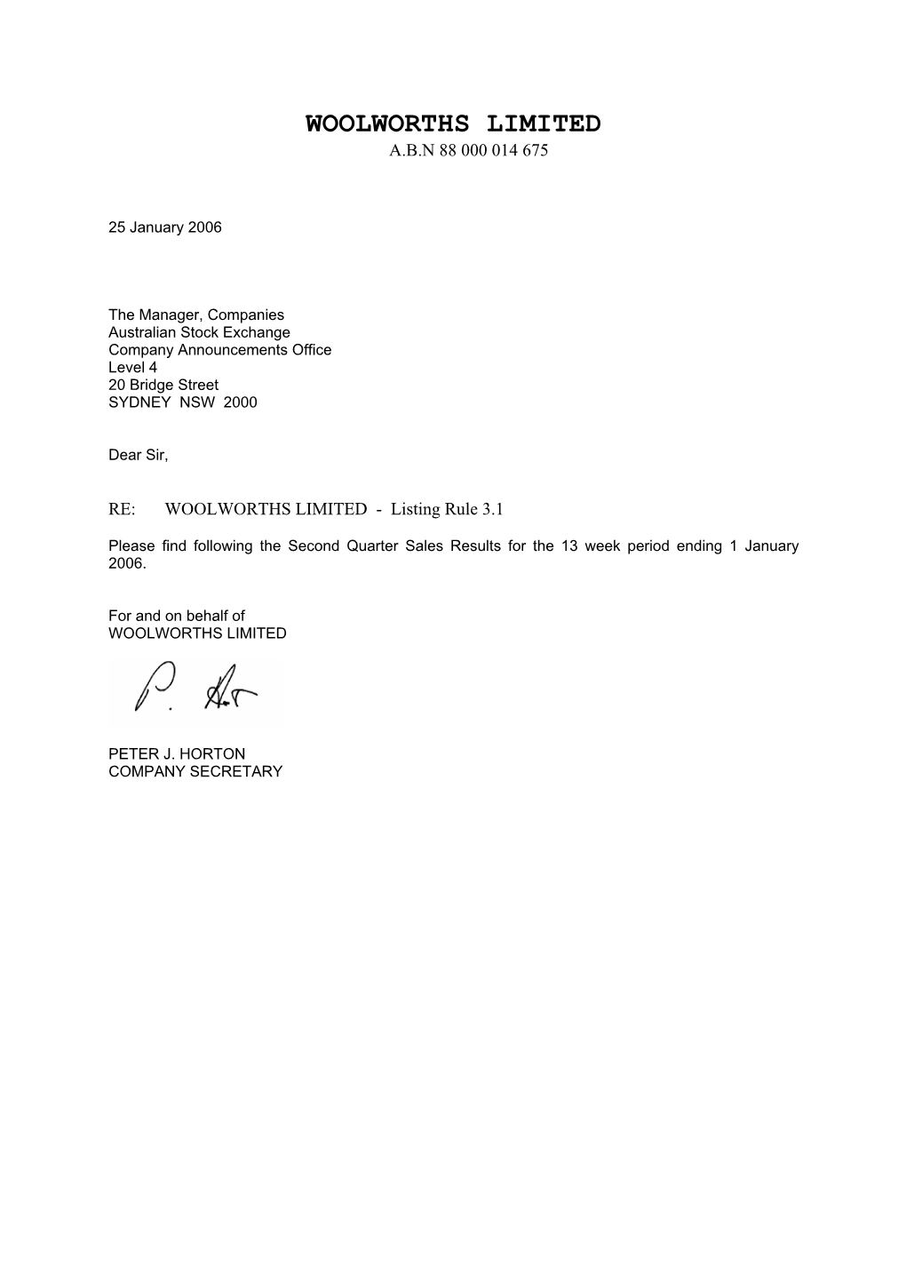 Woolworths Limited FY06 Half-Year Sales Results