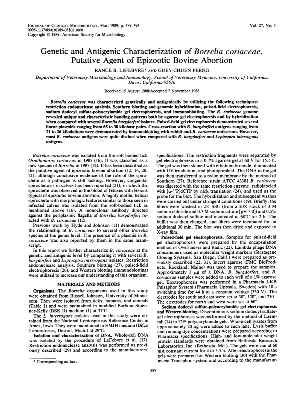 Genetic and Antigenic Characterization of Borrelia Coriaceae, Putative Agent of Epizootic Bovine Abortion RANCE B