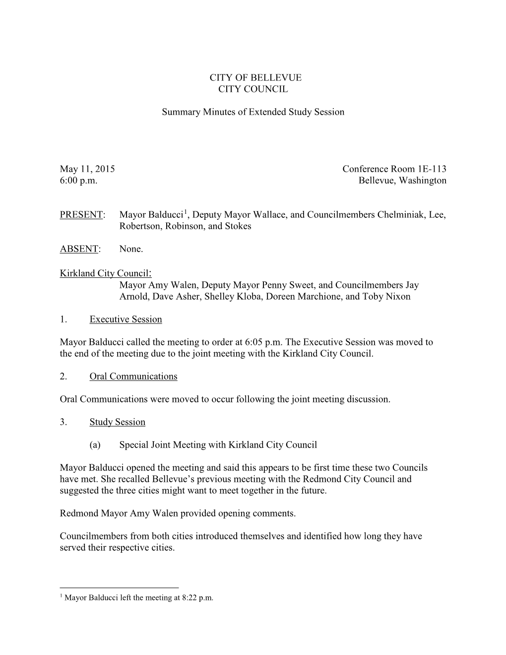 CITY of BELLEVUE CITY COUNCIL Summary Minutes of Extended