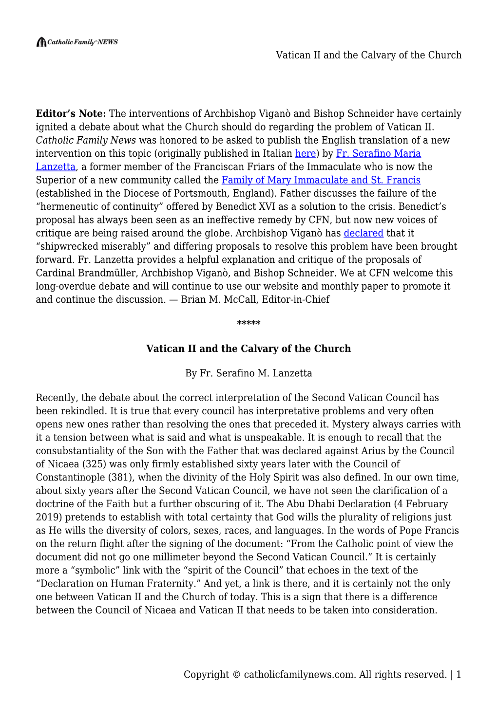 Vatican II and the Calvary of the Church