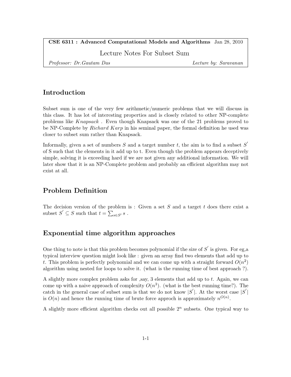 Lecture Notes for Subset Sum Introduction Problem Definition