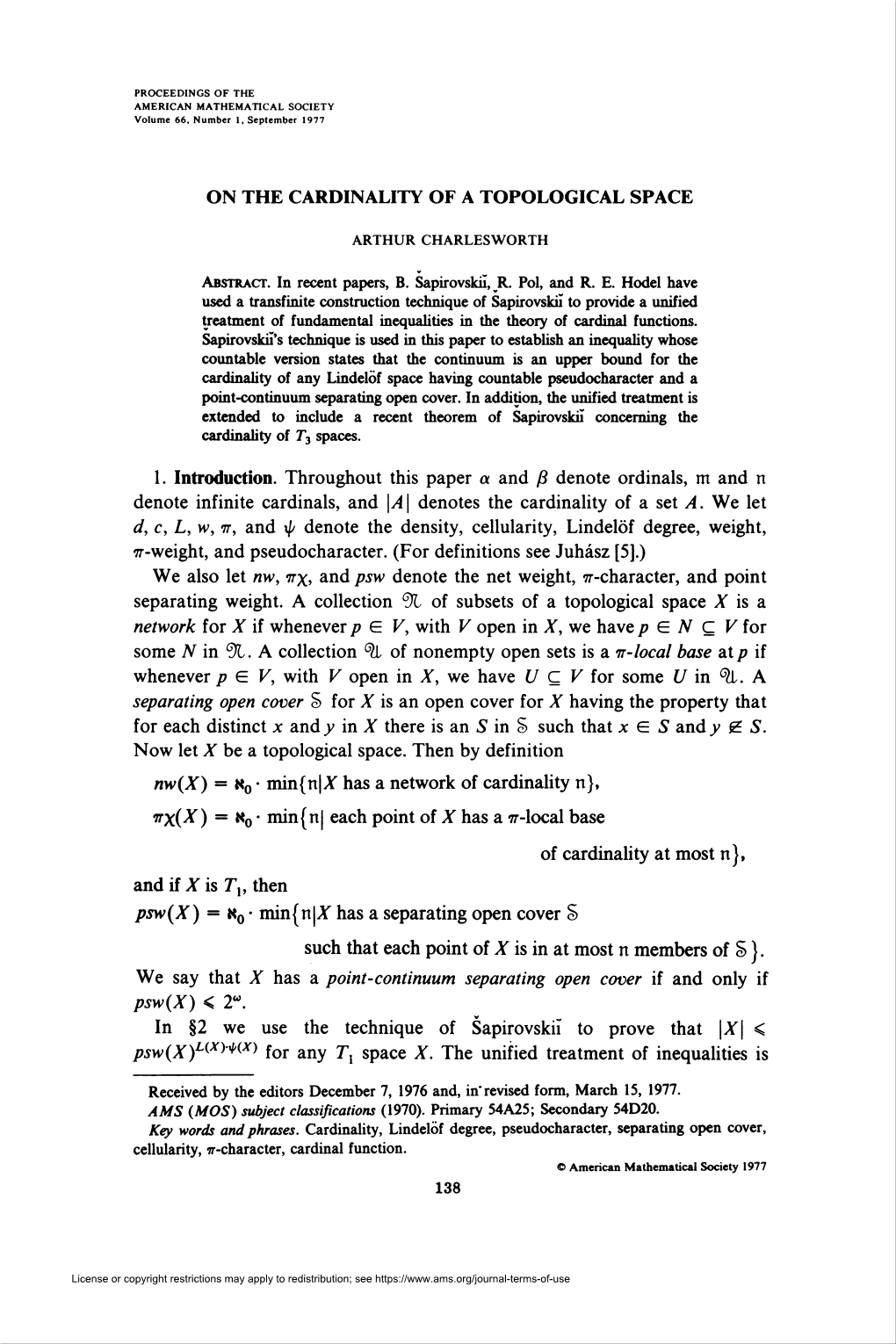 On the Cardinality of a Topological Space