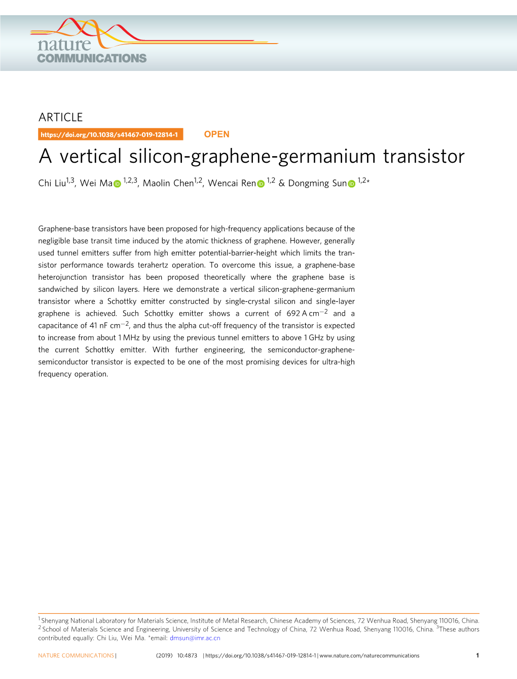 A Vertical Silicon-Graphene-Germanium Transistor