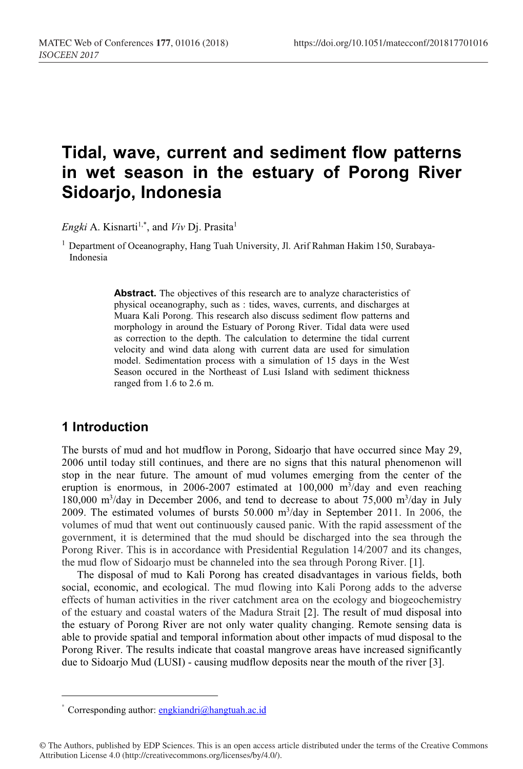 Tidal, Wave, Current and Sediment Flow Patterns in Wet Season in the Estuary of Porong River Sidoarjo, Indonesia