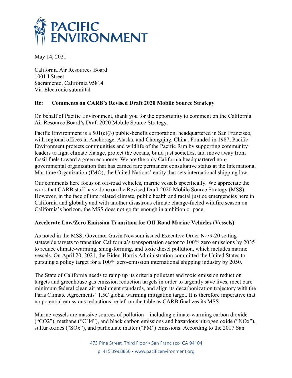 Pacific Environment, Thank You for the Opportunity to Comment on the California Air Resource Board’S Draft 2020 Mobile Source Strategy