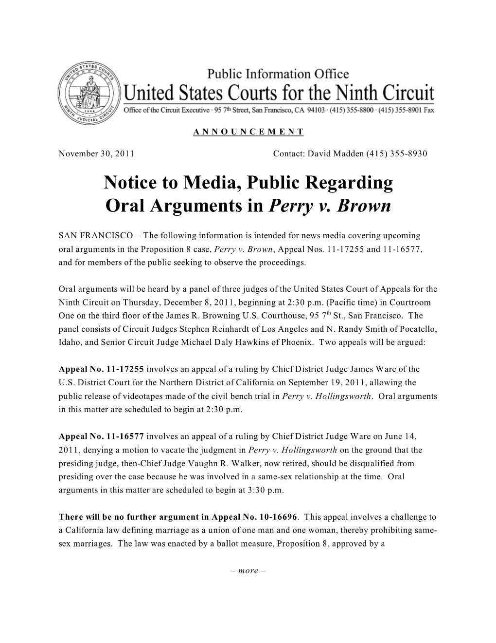 Notice to Media, Public Regarding Oral Arguments in Perry V. Brown