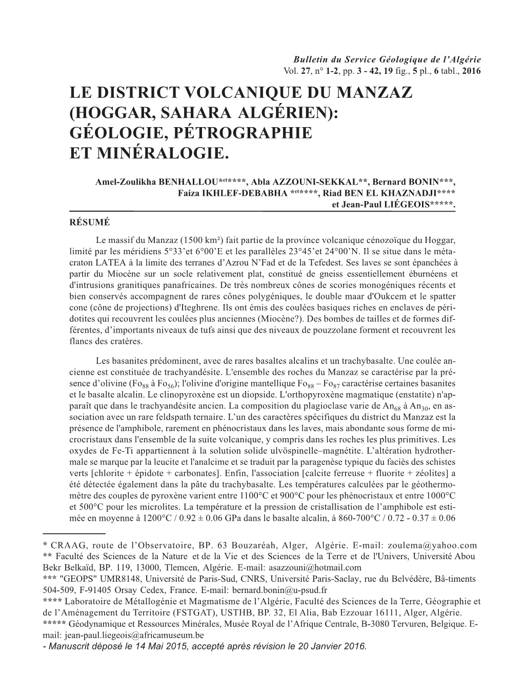Le District Volcanique Du Manzaz (Hoggar, Sahara Algérien): Géologie, Pétrographie Et Minéralogie