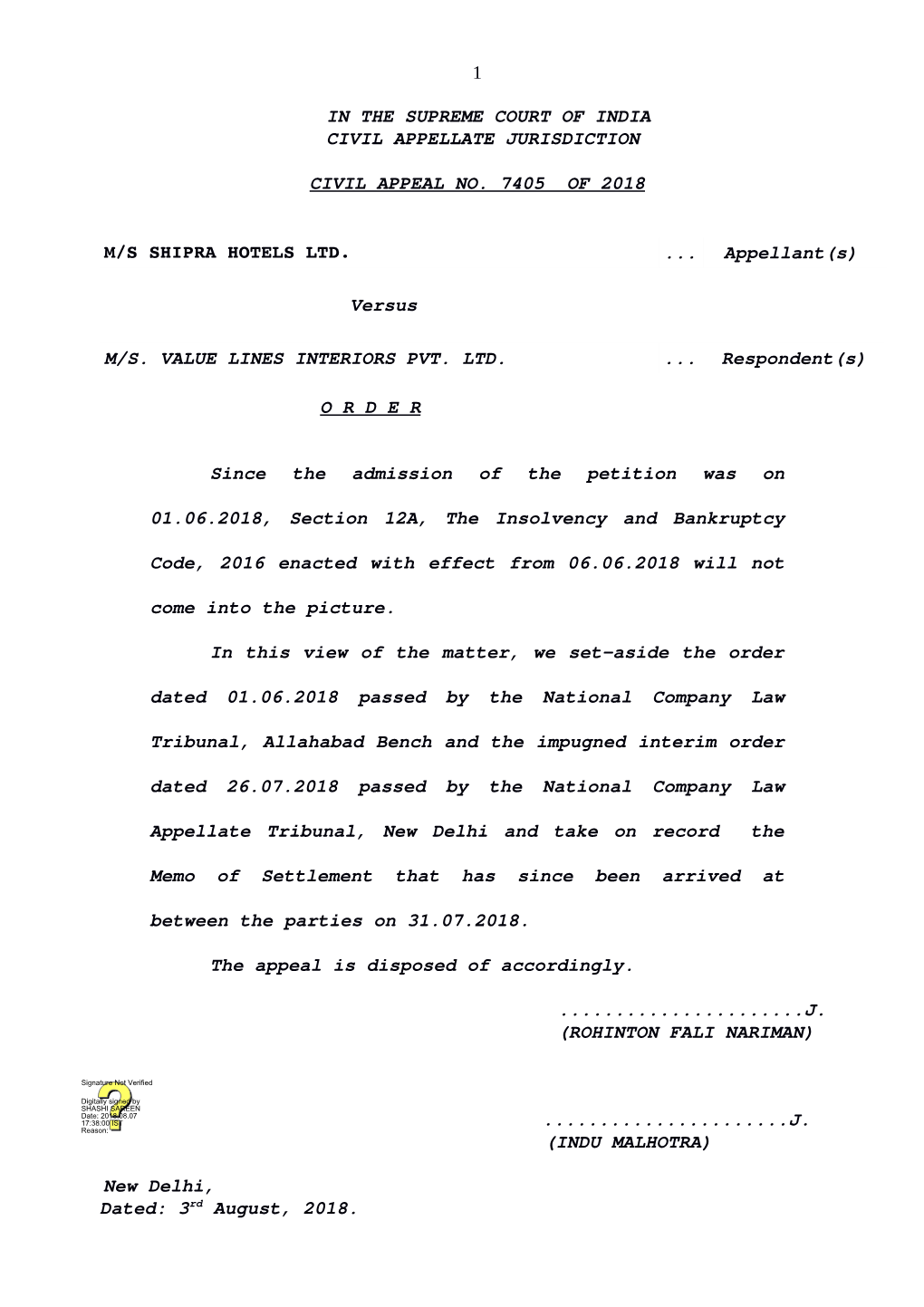 1 in the Supreme Court of India Civil Appellate