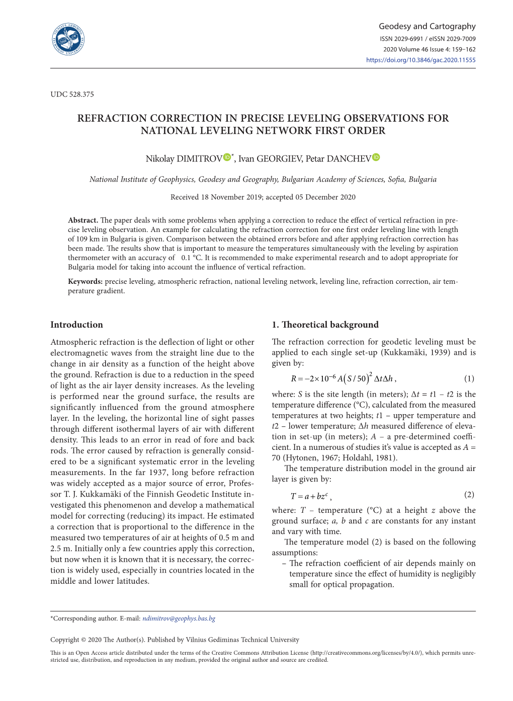 Refraction Correction in Precise Leveling Observations for National Leveling Network First Order