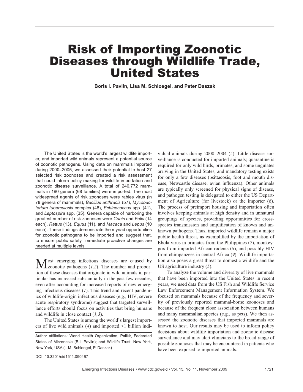 Risk of Importing Zoonotic Diseases Through Wildlife Trade, United States Boris I