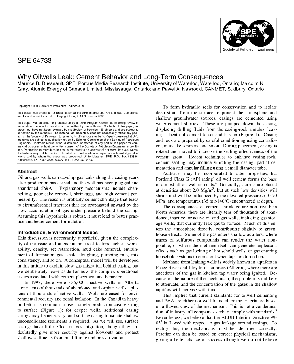 Why Oilwells Leak: Cement Behavior and Long-Term Consequences Maurice B