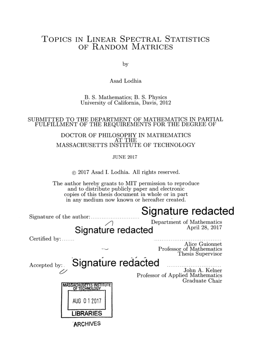 Signature Redacted Department of Mathematics Signature Reda Cted April 28, 2017 Certified By: