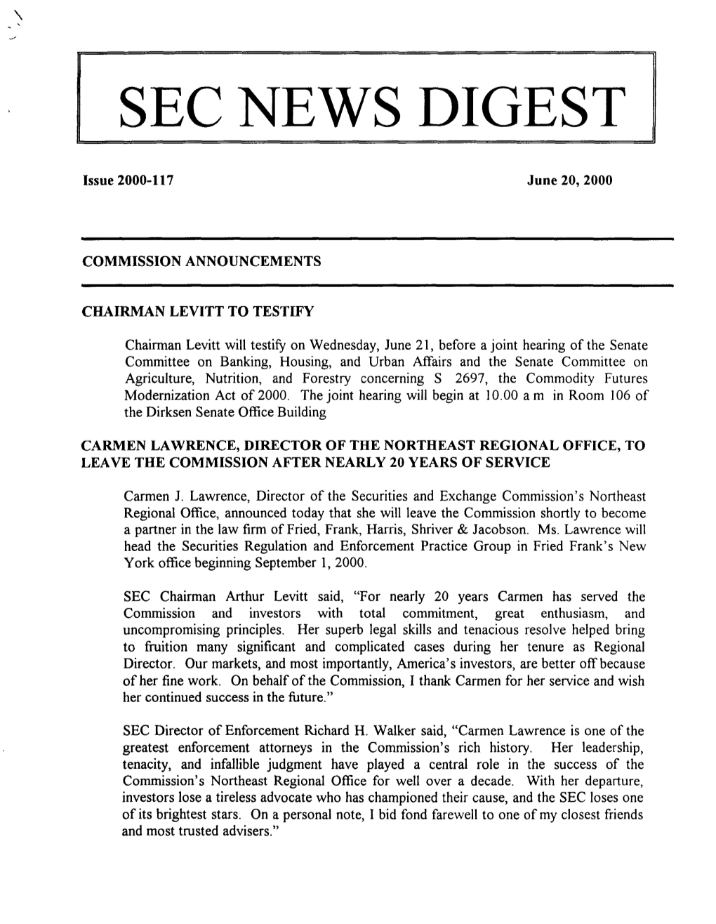 SEC News Digest, 06-20-2000