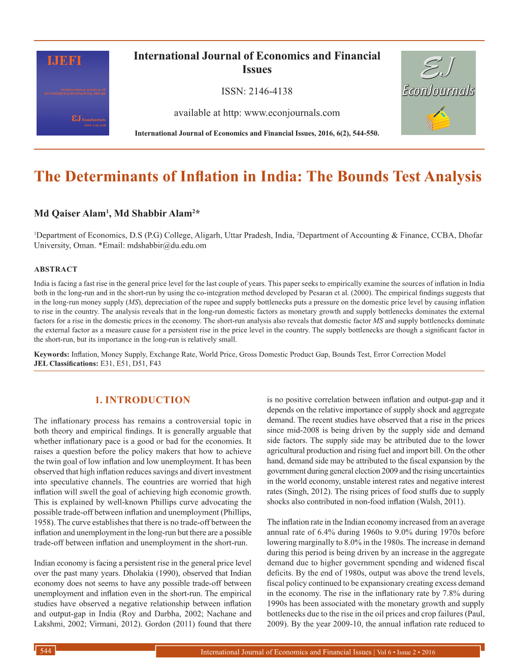 The Determinants of Inflation in India: the Bounds Test Analysis