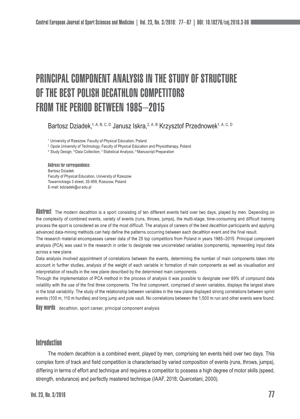 Principal Component Analysis in the Study of Structure of the Best Polish Decathlon Competitors from the Period Between 1985–2015