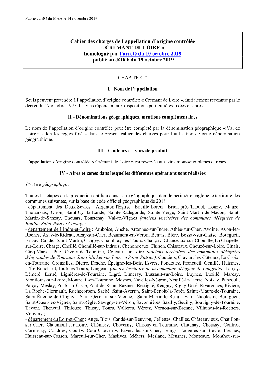 CRÉMANT DE LOIRE » Homologué Par L’Arrêté Du 10 Octobre 2019 Publié Au JORF Du 19 Octobre 2019