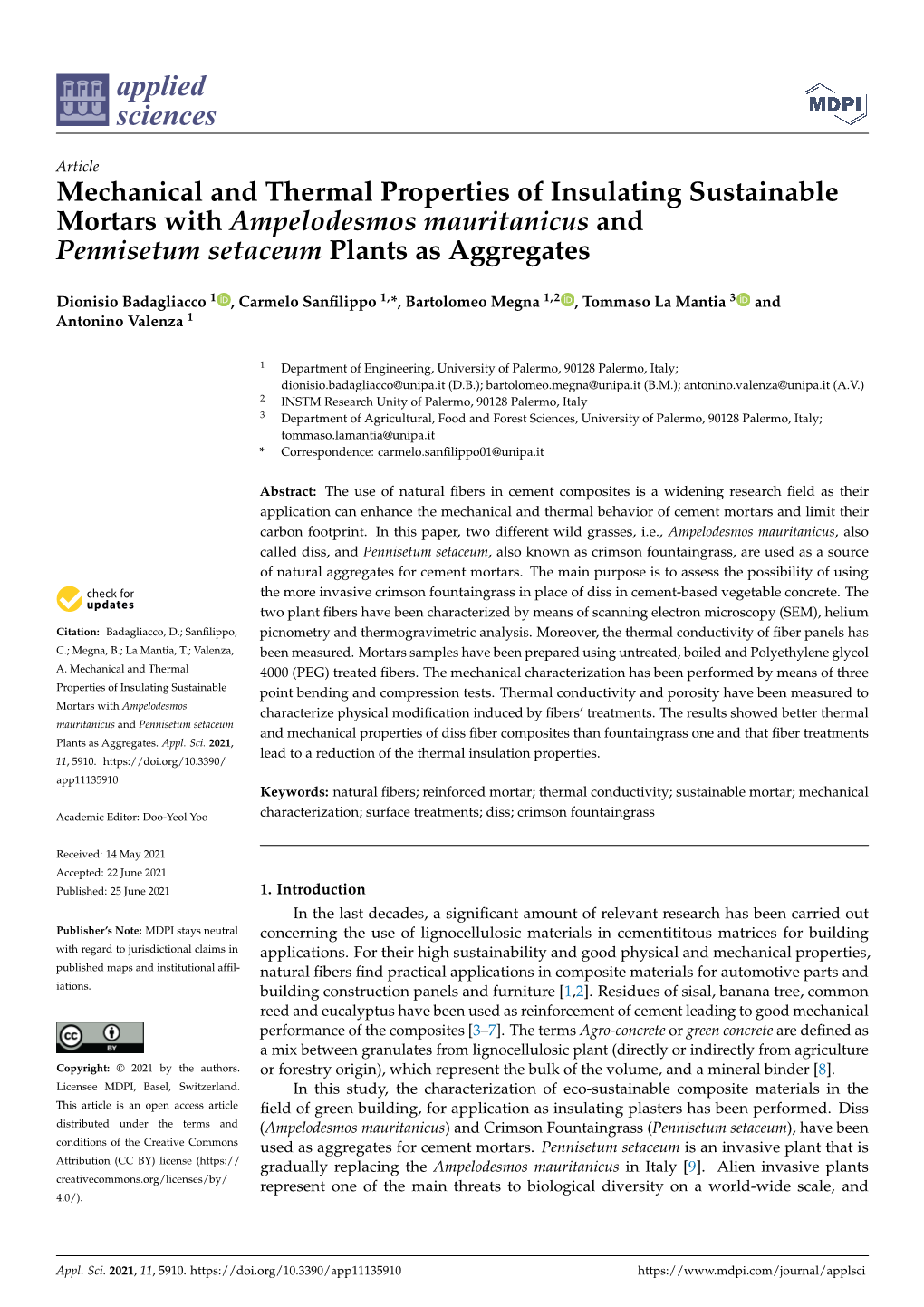 Mechanical and Thermal Properties of Insulating Sustainable Mortars with Ampelodesmos Mauritanicus and Pennisetum Setaceum Plants As Aggregates