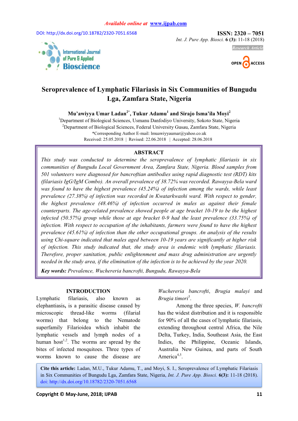 Seroprevalence of Lymphatic Filariasis in Six Communities of Bungudu Lga, Zamfara State, Nigeria