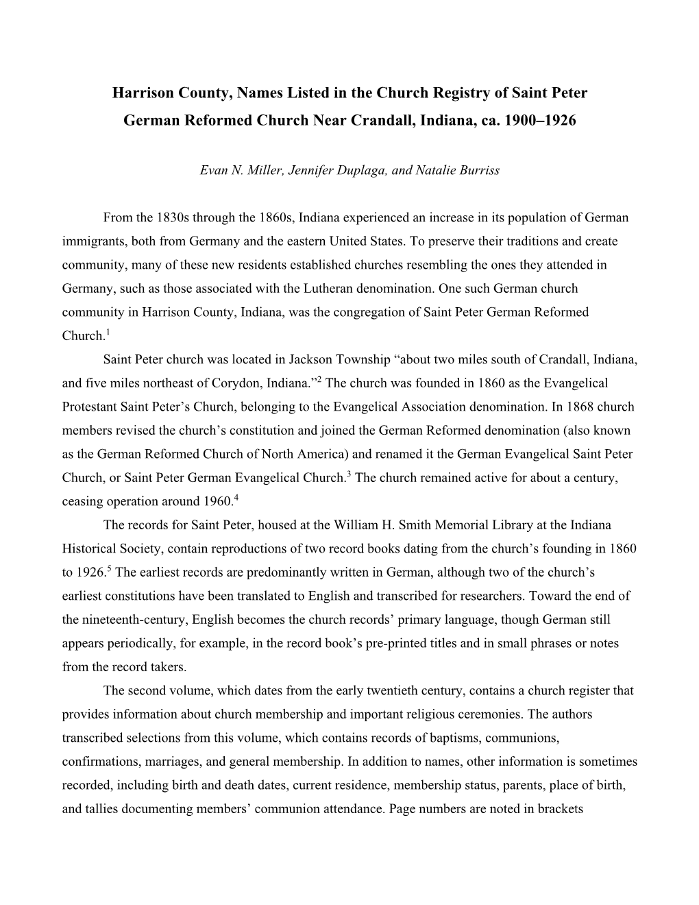 Harrison County, Names Listed in the Church Registry of Saint Peter German Reformed Church Near Crandall, Indiana, Ca