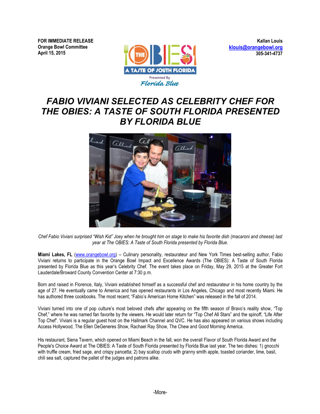 Fabio Viviani Selected As Celebrity Chef for the Obies: a Taste of South Florida Presented by Florida Blue