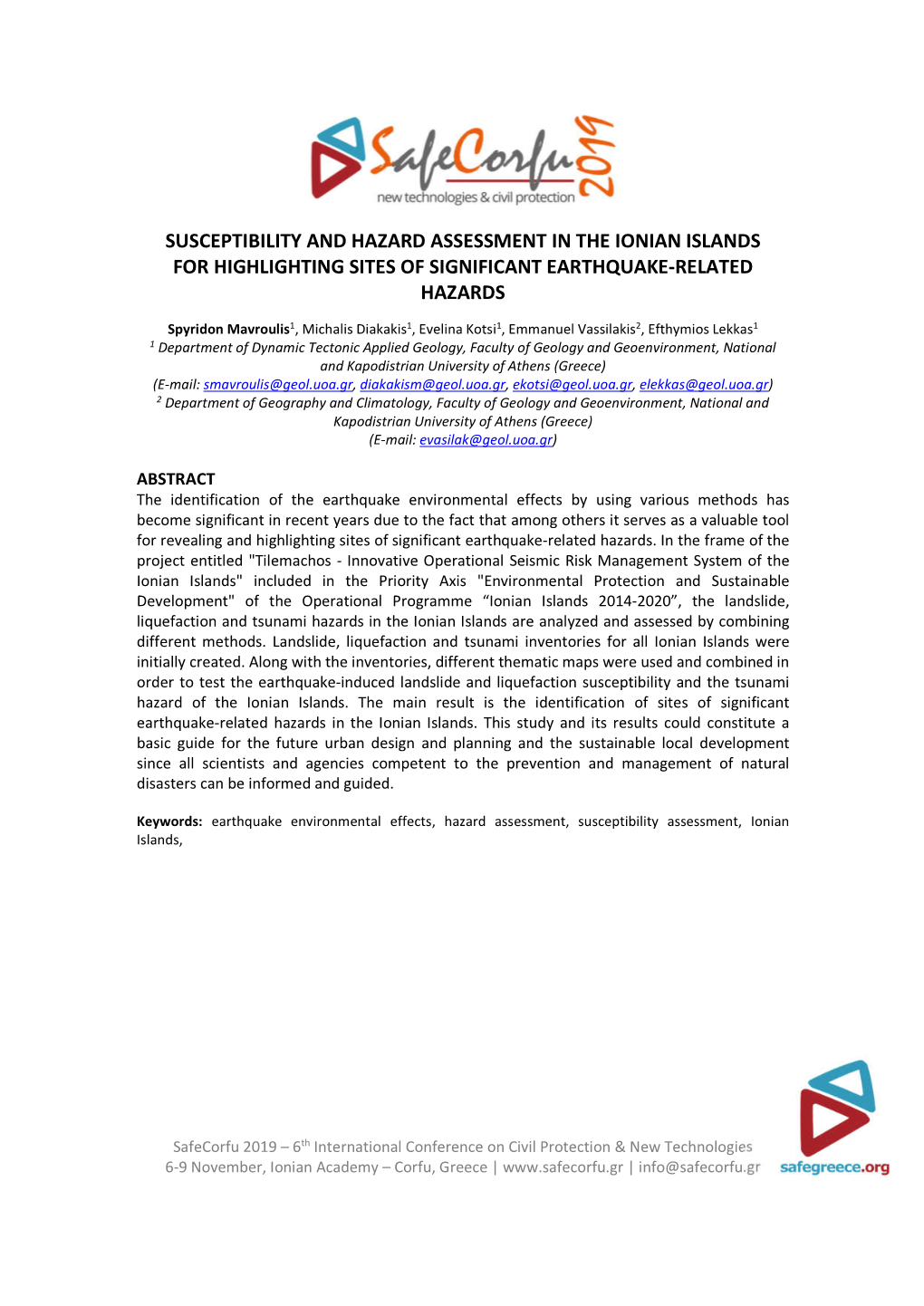 Susceptibility and Hazard Assessment in the Ionian Islands for Highlighting Sites of Significant Earthquake-Related Hazards