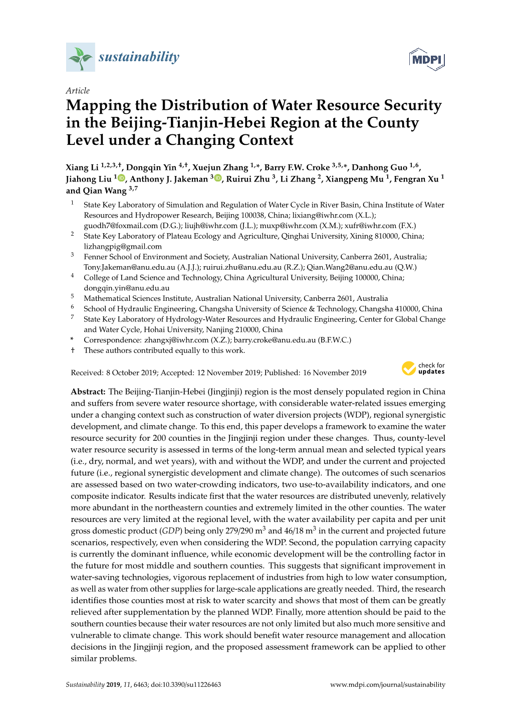 Mapping the Distribution of Water Resource Security in the Beijing-Tianjin-Hebei Region at the County Level Under a Changing Context