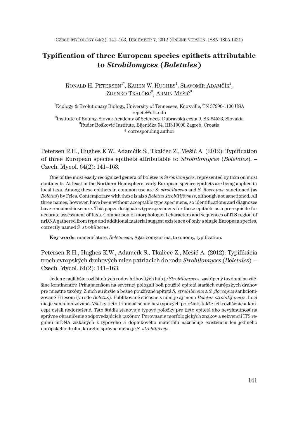 Typification of Three European Species Epithets Attributable to Strobilomyces (Boletales)