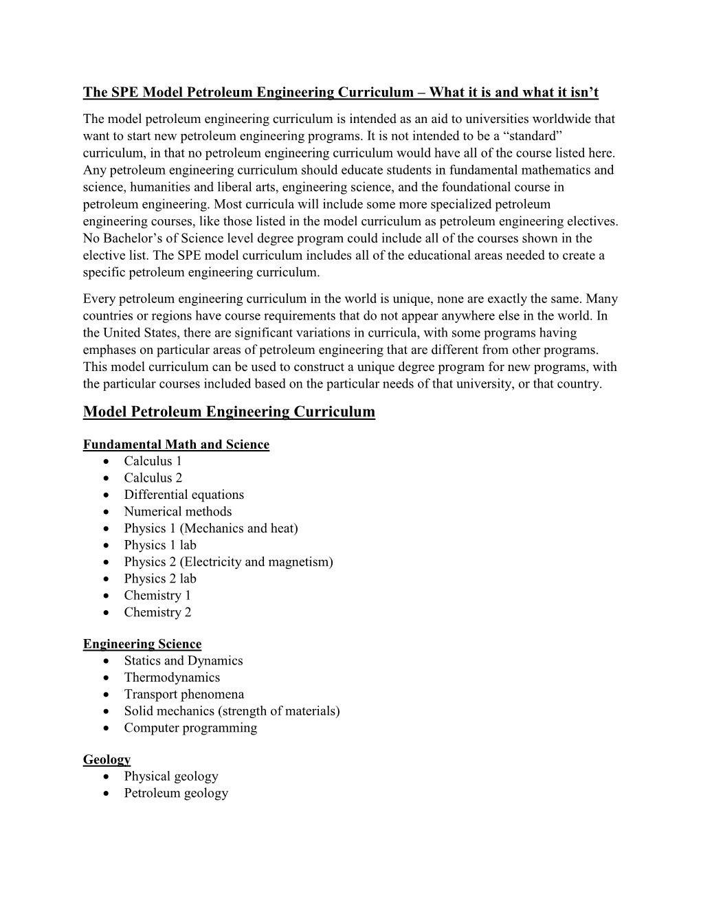 Model Petroleum Engineering Curriculum