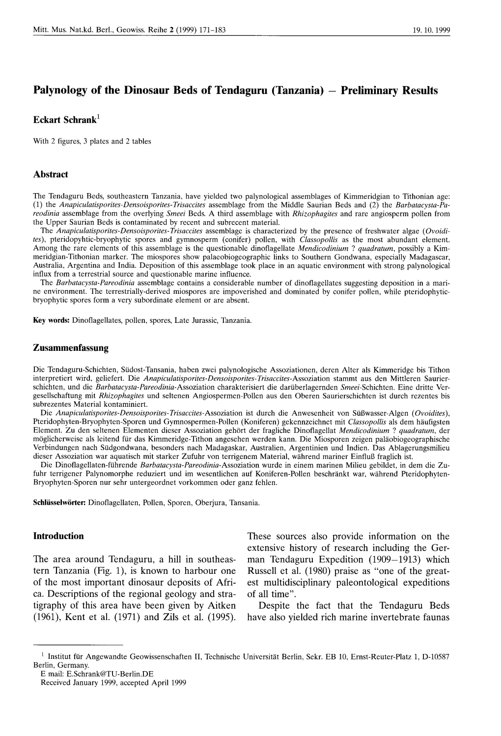 Palynology of the Dinosaur Beds of Tendaguru (Tanzania) - Preliminary Results