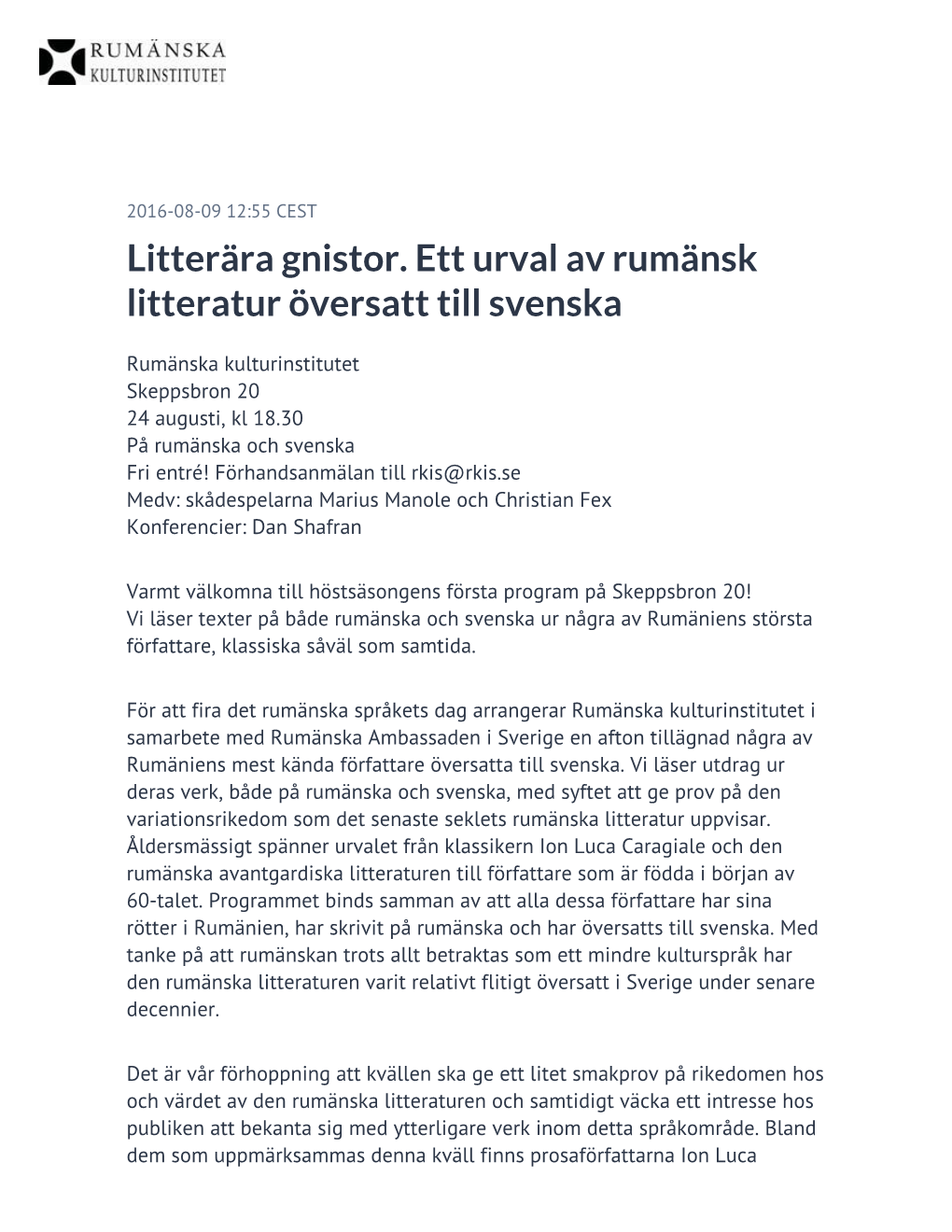 Litterära Gnistor. Ett Urval Av Rumänsk Litteratur Översatt Till Svenska