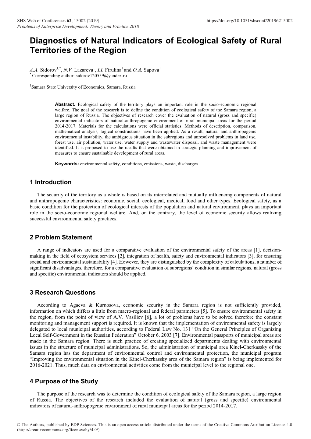 Diagnostics of Natural Indicators of Ecological Safety of Rural Territories of the Region