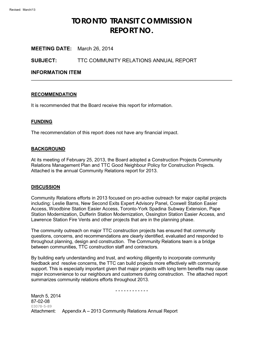 Toronto Transit Commission Report No