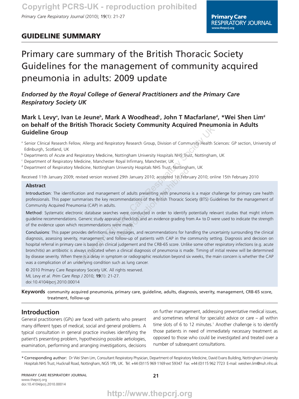 Primary Care Summary of the British Thoracic Society Guidelines for the Management of Community Acquired Pneumonia in Adults: 2009 Update