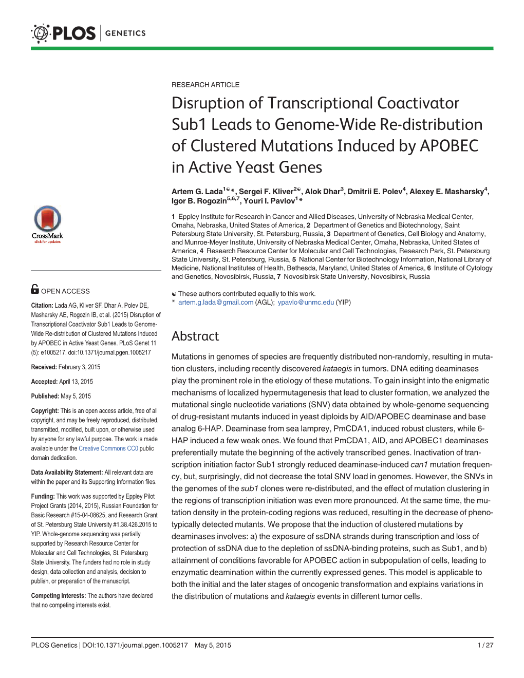 Disruption of Transcriptional Coactivator Sub1 Leads to Genome-Wide Re-Distribution of Clustered Mutations Induced by APOBEC in Active Yeast Genes